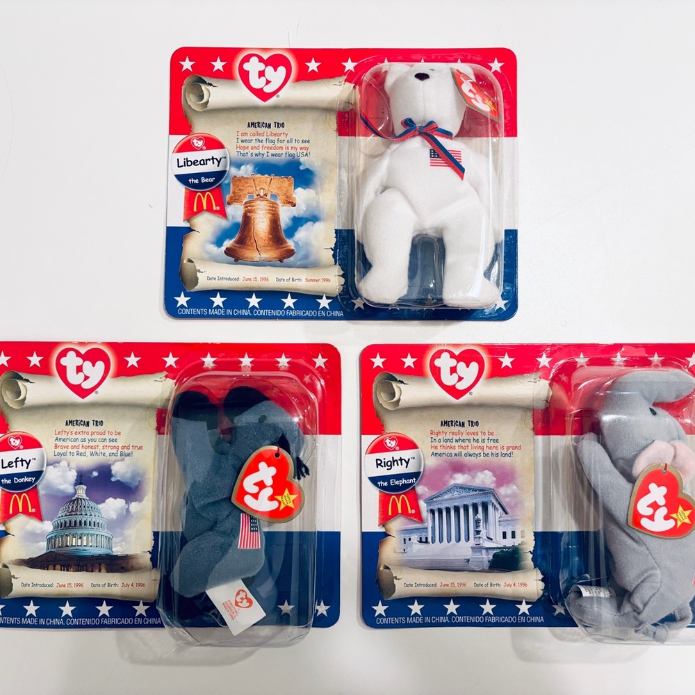 Ty Beanie Babies Liberty Trio Set - Liberty Bear, Lefty Donkey, Righty Elephant